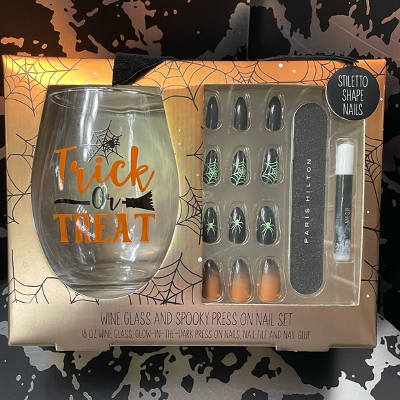 Paris Hilton Accessories - Paris Hilton Wine Glass and Spooky Press On Nail Set Orange and Black NEW in Box